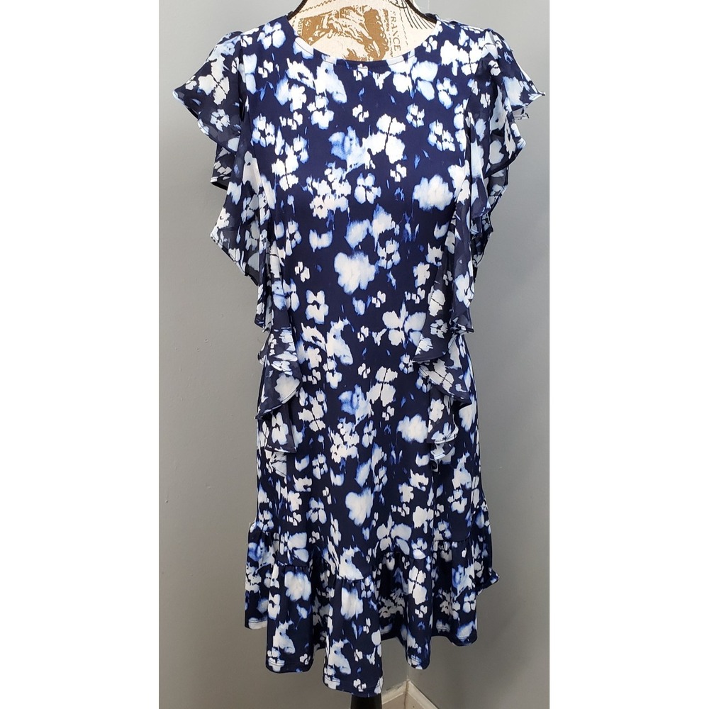 Michael Kors A-Line Dress Women M Multi Floral Flutter Sleeve Tiered Ruffled Hem